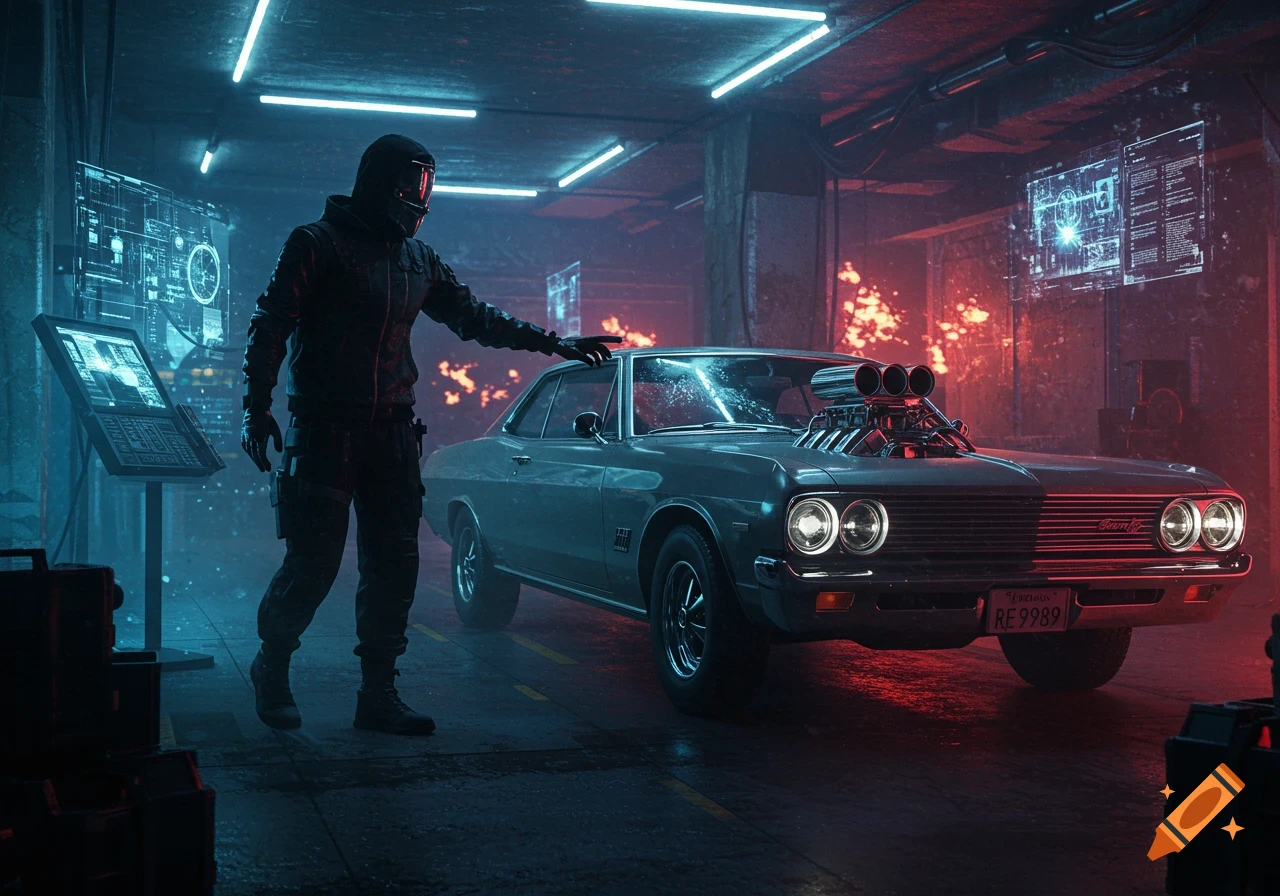 A masked figure leans on a modified classic car in a neon-lit cyberpunk garage, surrounded by futuristic screens.