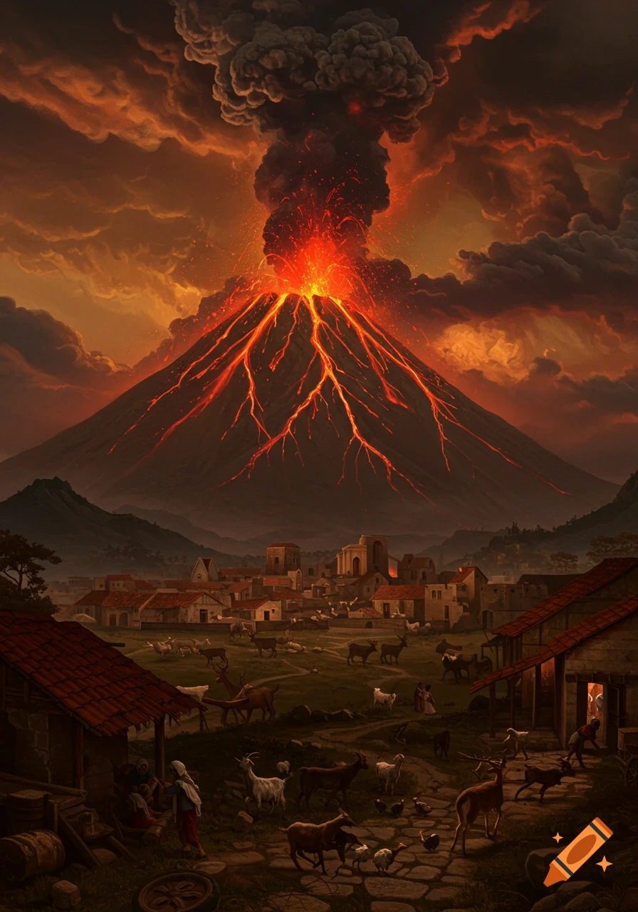Detailed painting of a blazing volcano erupting with smoke and lava over a small ancient-style village with animals fleeing.