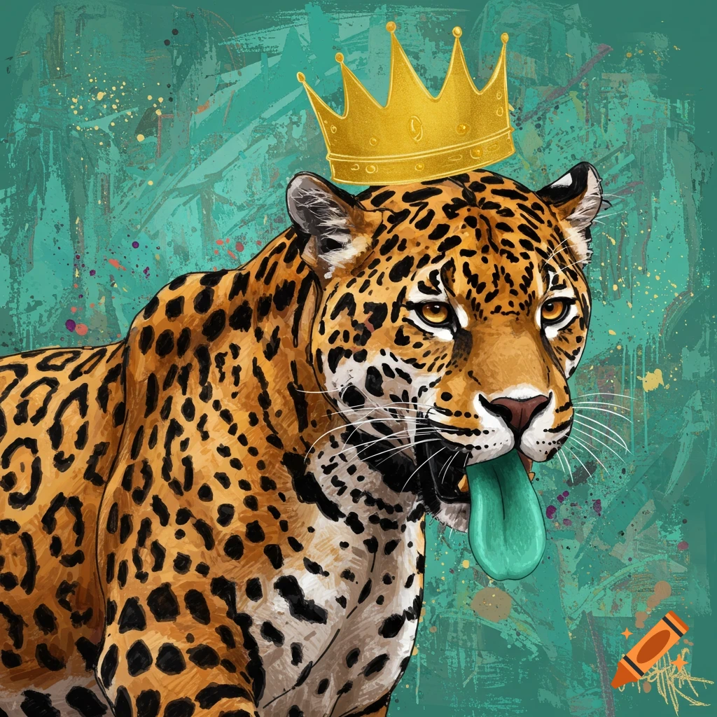 A vibrant Basquiat-style painting of a spotted jaguar wearing a golden crown and sticking out a teal tongue, against an abstract teal background.
