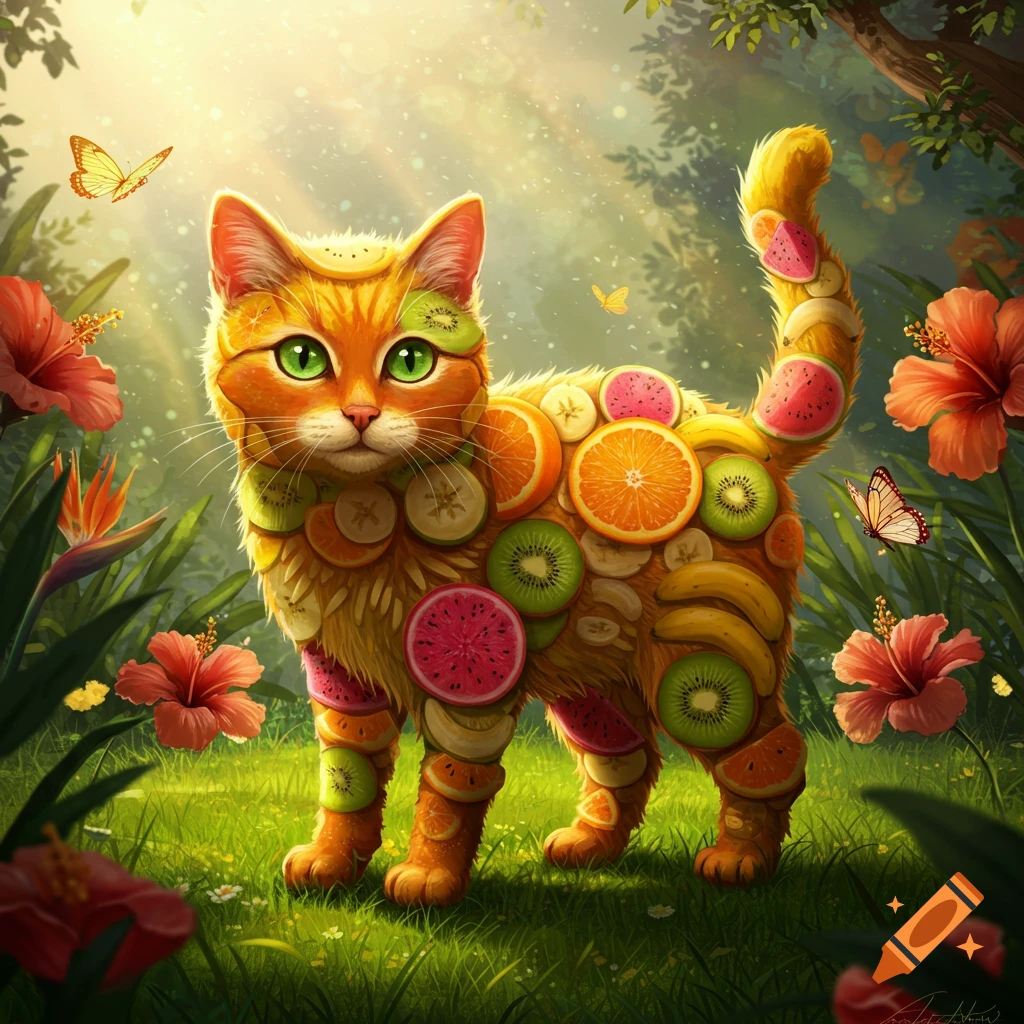 A whimsical orange cat made of sliced fruits like oranges, kiwis, and watermelon, stands in a vibrant jungle with flowers and butterflies.