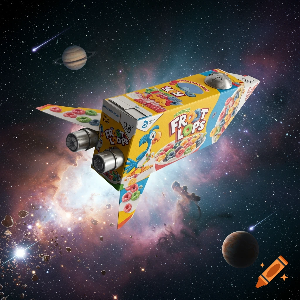 A Froot Loops cereal box transformed into a rocket ship flying through a starry galaxy with planets.