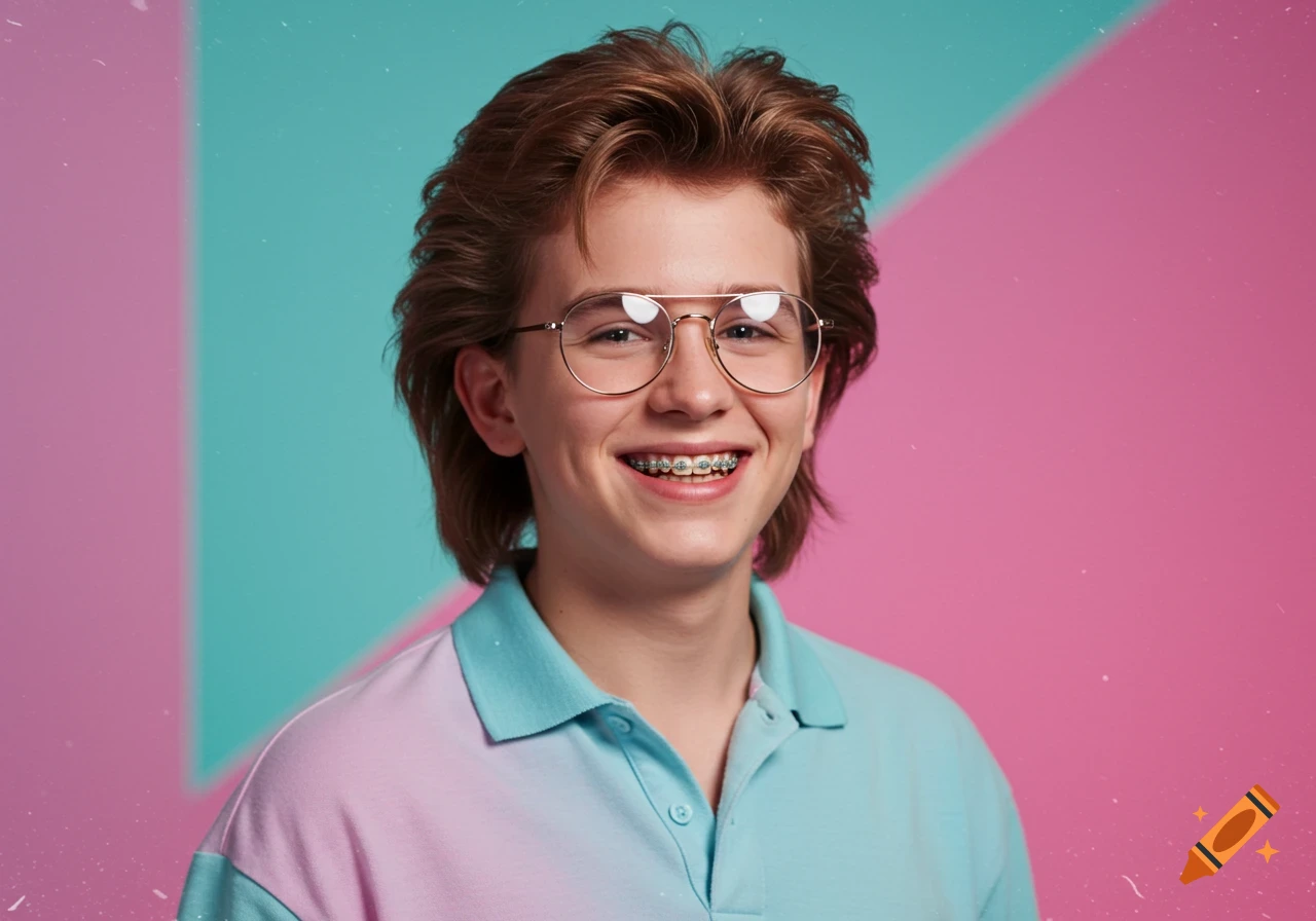 A smiling young person with glasses and braces in a pink and blue polo shirt against a dual-color pink and teal background.