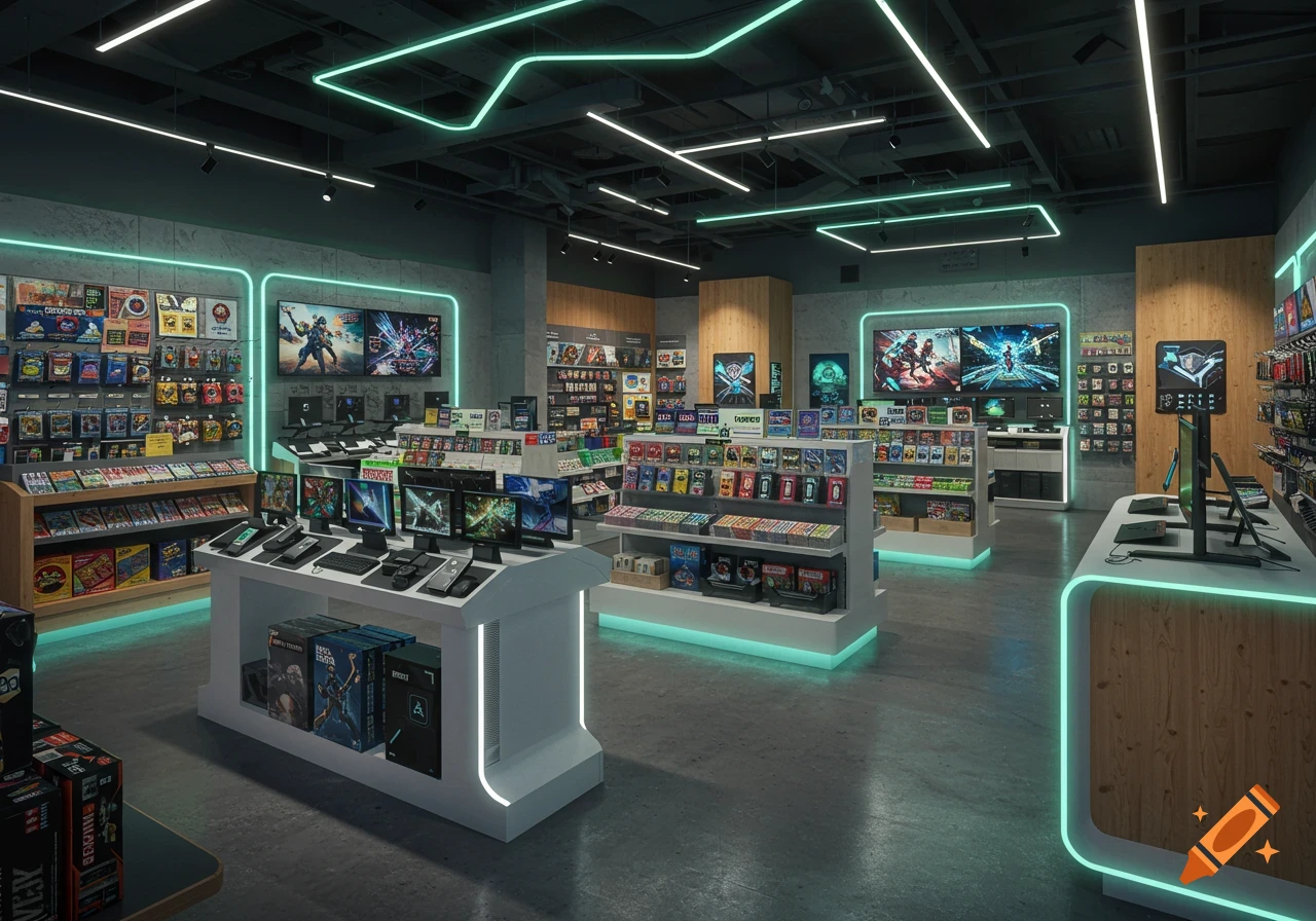 Modern video game and trading card store with neon green lights, display cases, game consoles, monitors, and shelves of games.