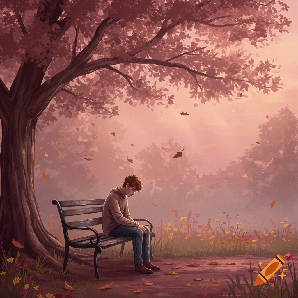 A melancholic illustration of a person sitting alone on a park bench under a large tree with falling red leaves at sunset.
