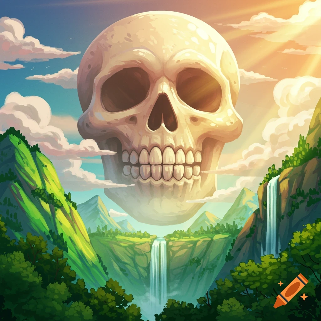 A giant cartoonish skull floats in the sky above a lush green mountain range with waterfalls, under a bright, cloudy sky with sun rays.