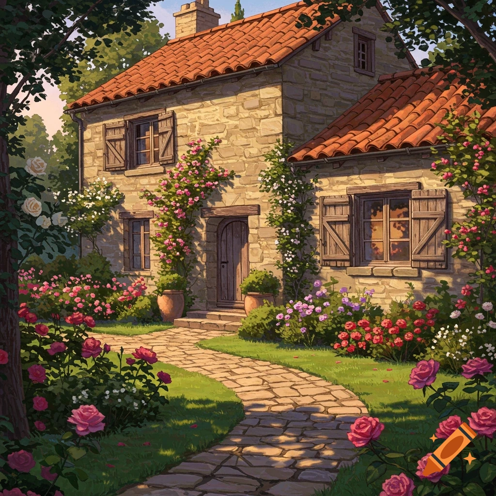 A charming stone country house with a terracotta roof, surrounded by a lush rose garden and a stone path under sunny skies.