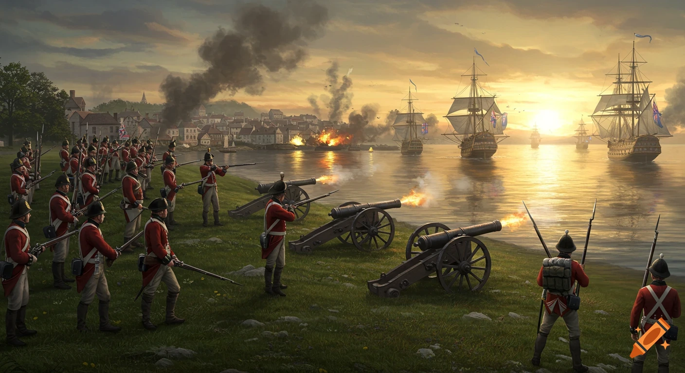 An 18th-century battle scene at sunset, with British soldiers and cannons firing on a waterfront town while British ships bombard it from the water.