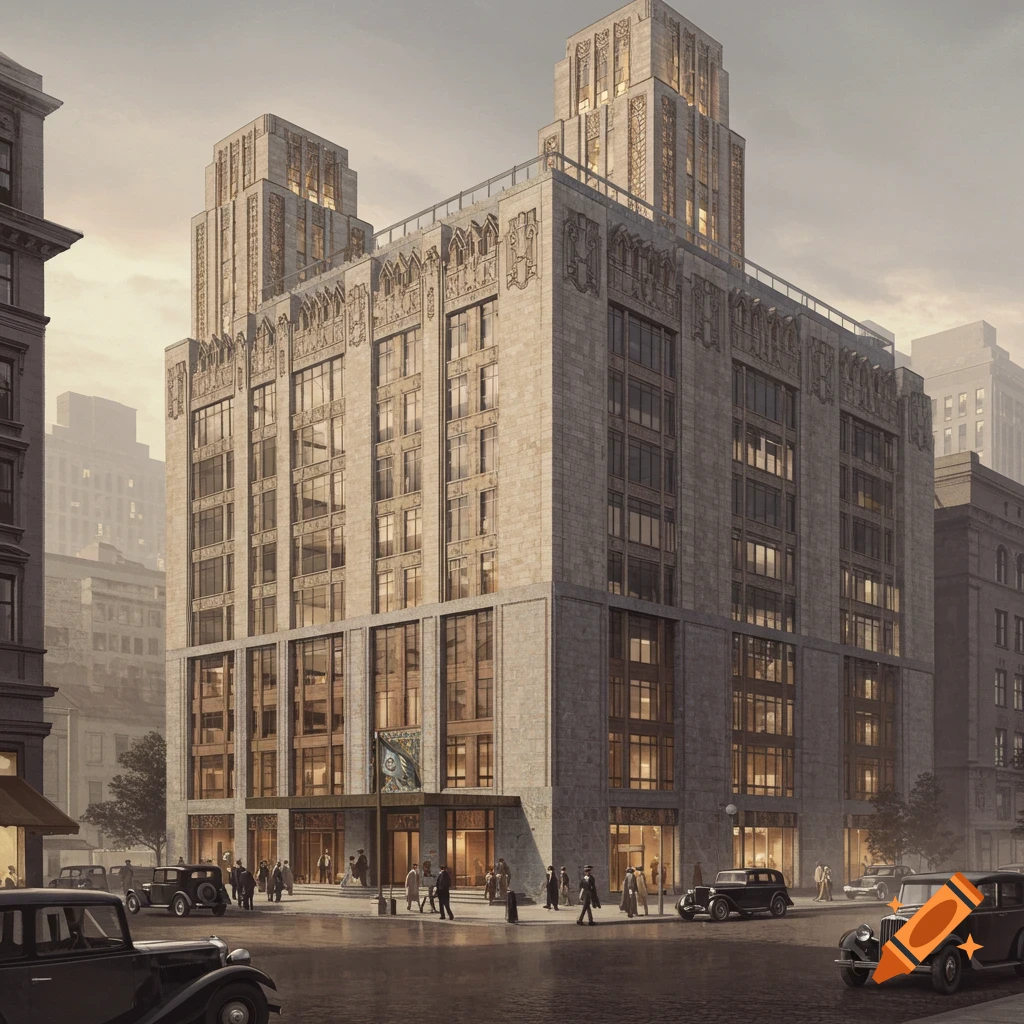 A detailed 1930s architectural rendering of an ornate office building with classic cars and pedestrians on a city street.