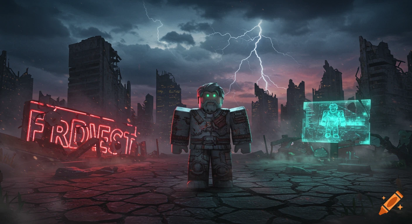 A Roblox-style character with glowing eyes stands in a ruined city under a stormy sky with lightning, beside a red neon sign and a holographic display.