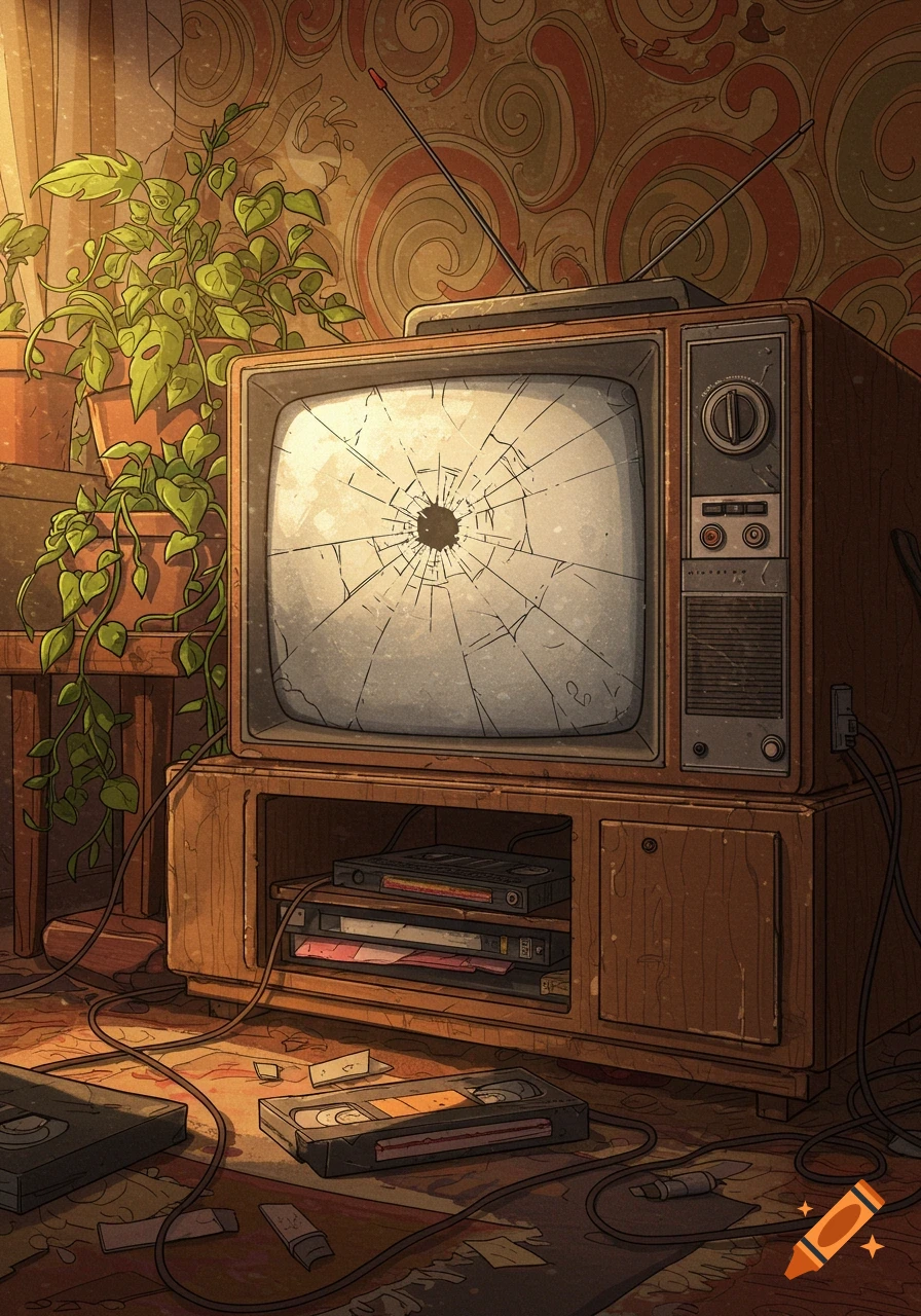 An illustrated retro TV with a broken screen sits on a wooden stand in a cluttered room with plants and VHS tapes.