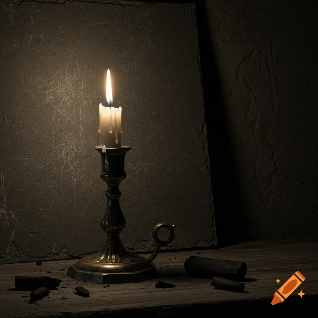 A lit candle in a brass candlestick illuminates a dark room, with charcoal pieces on a wooden table.