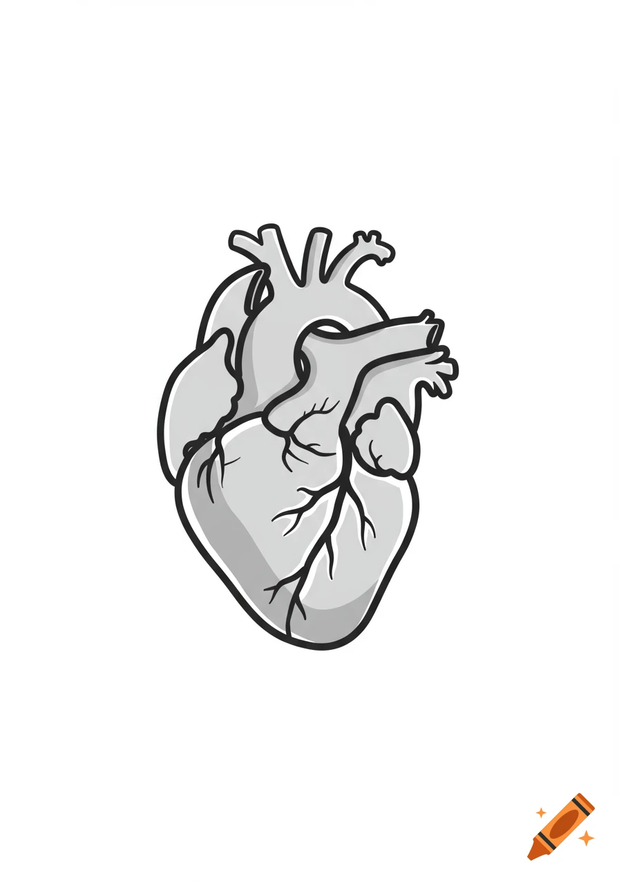 Stylized illustration of a human heart in grey with black outlines.
