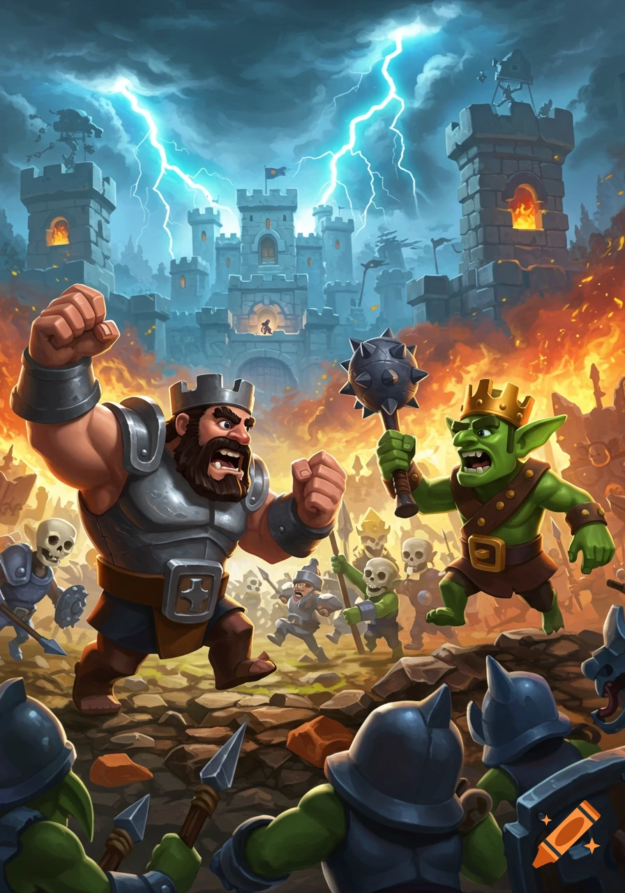 A stylized fantasy battle with a muscular king leading knights and skeletons against a goblin king and his goblin army in front of a castle under lightning.