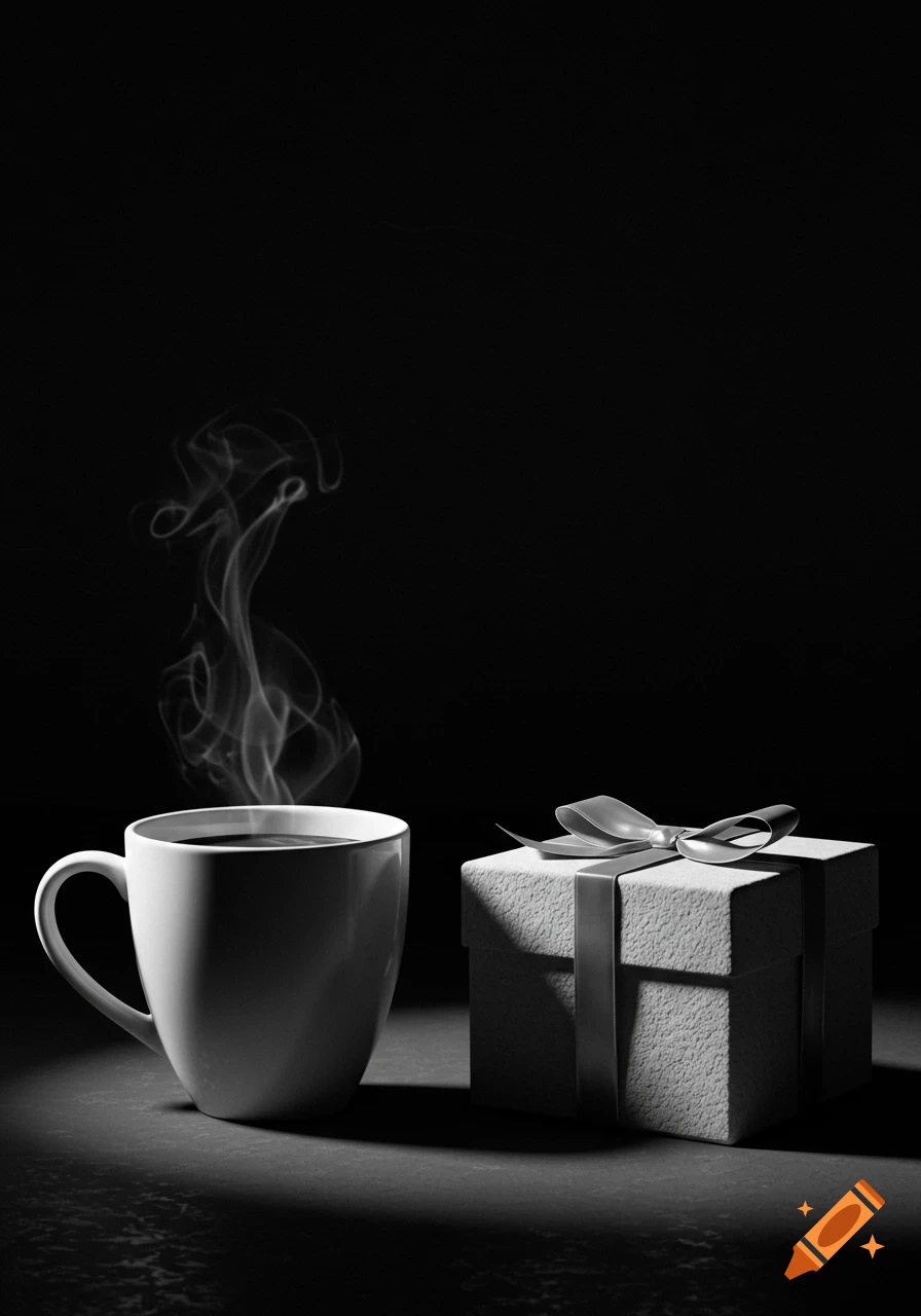 A grayscale image of a steaming coffee cup next to a gift box on a dark background.
