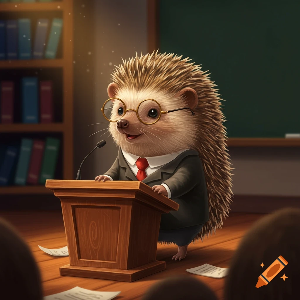 A cute, wise-looking hedgehog professor wearing glasses and a suit stands at a wooden podium, lecturing in a classroom, Pixar style.