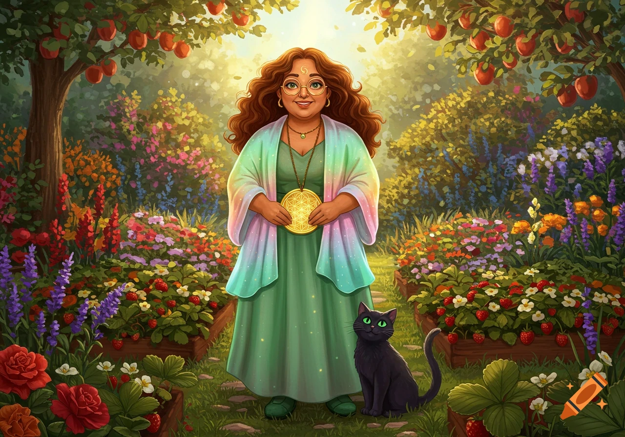 A smiling witch in a green dress and rainbow shawl stands in a magical garden with a black cat, surrounded by colorful flowers and fruit trees.
