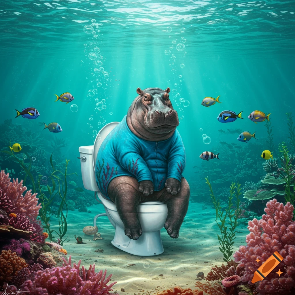 A whimsical hippopotamus in a blue aquatic suit sits on a white toilet on the ocean floor, surrounded by colorful fish and coral.