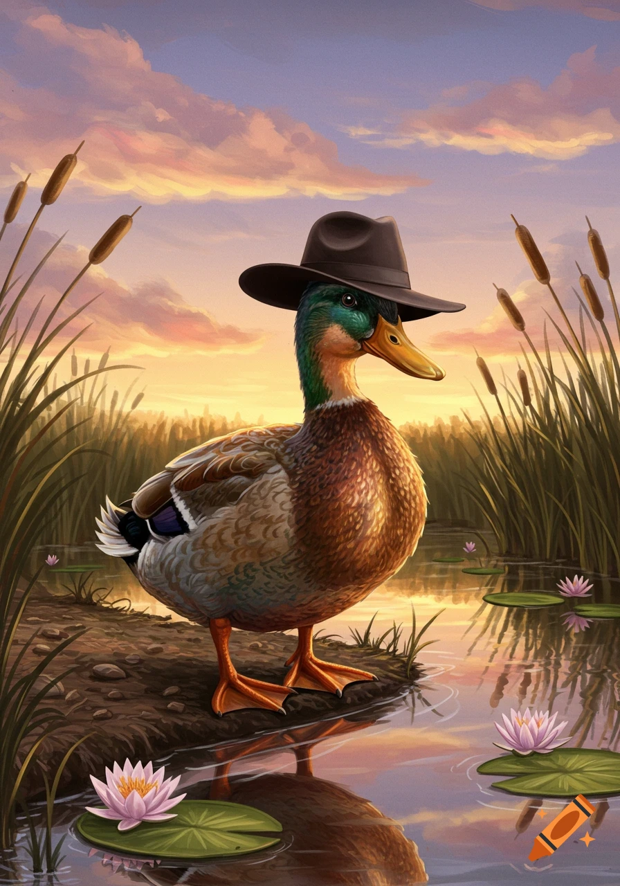 A mallard duck wearing a brown fedora stands by a pond with lily pads and cattails under a sunset sky, in an illustrative style.