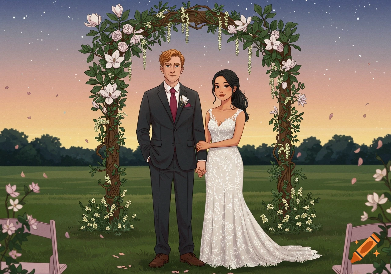 An illustrated bride and groom holding hands under a floral arch at an outdoor wedding during sunset.