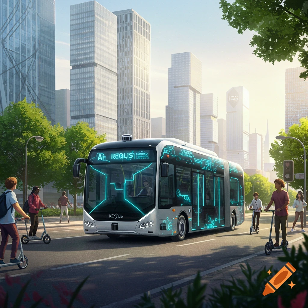 A futuristic AI bus with glowing blue circuits drives on a city street with skyscrapers, people on scooters, and lush trees.