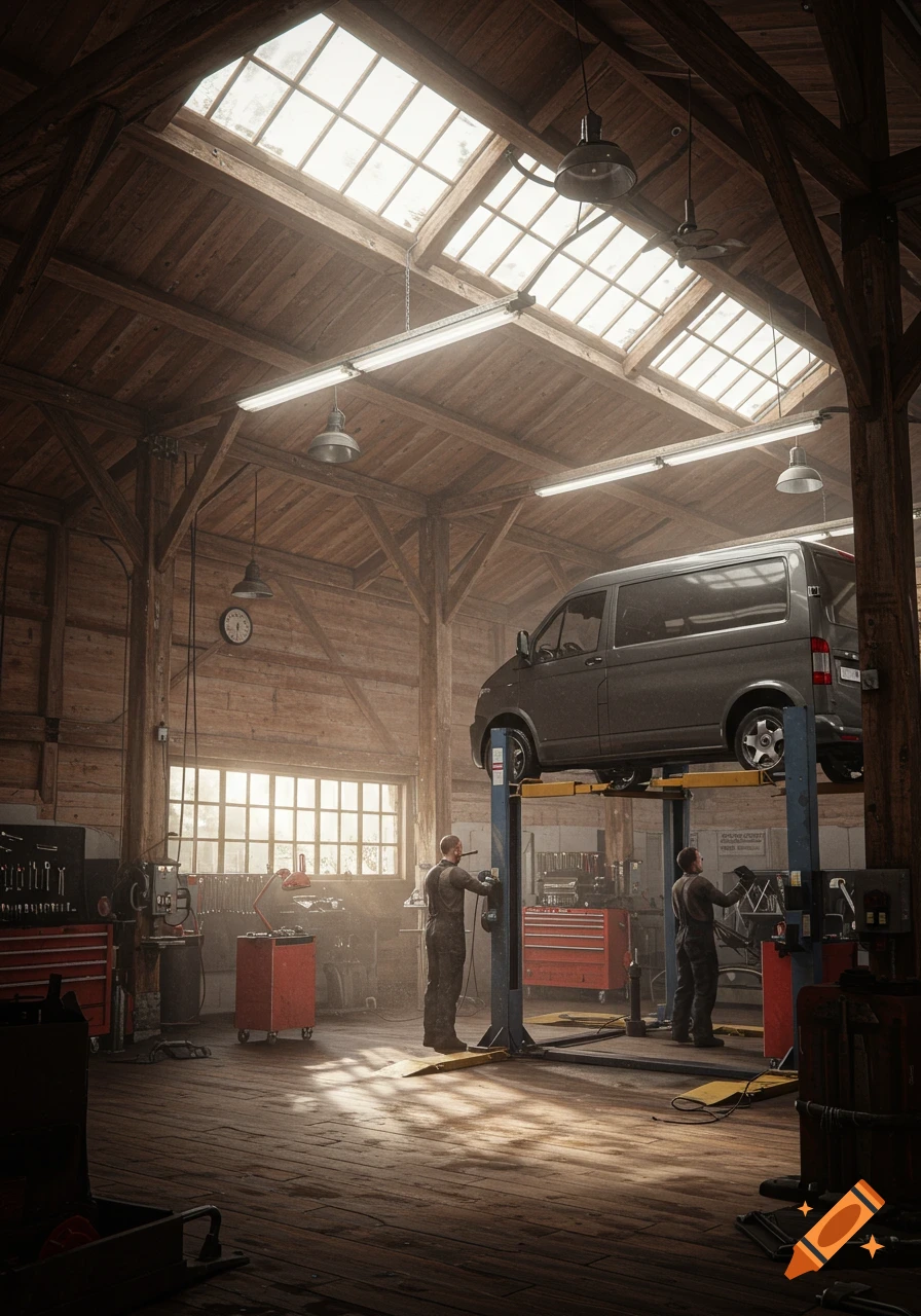 Photorealistic image of two mechanics working in a rustic wooden auto repair shop with a grey van lifted on a hydraulic hoist.