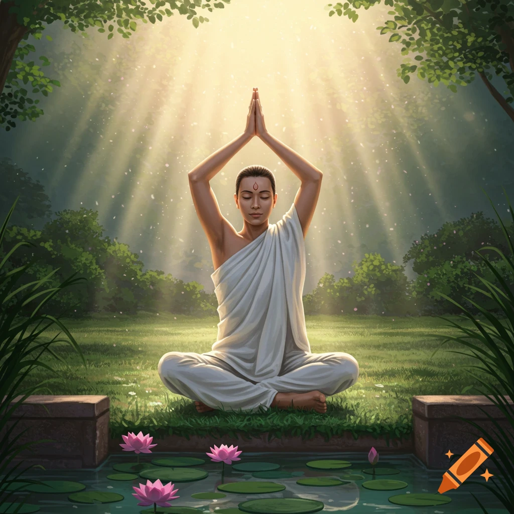 A person in white robes meditates with hands clasped above their head in a sunlit forest clearing with a pond and lotus flowers.