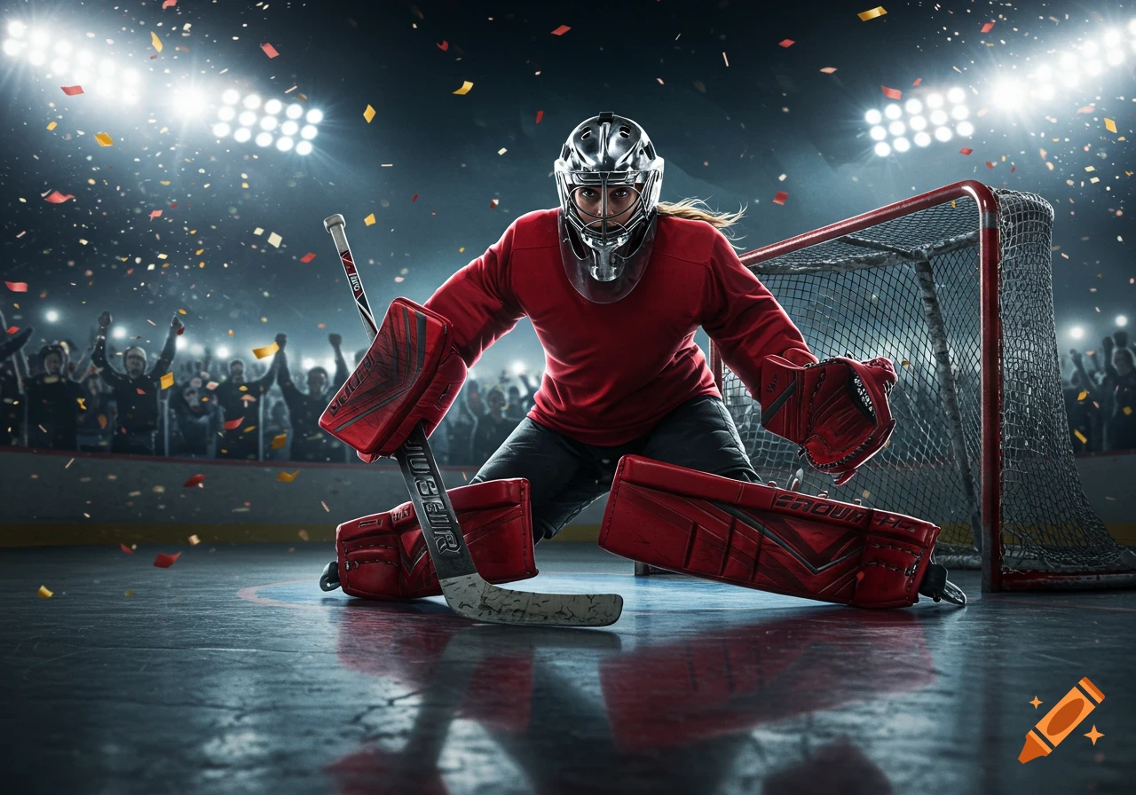 Photorealistic image of a female ice hockey goalie in red gear, crouched on ice with confetti falling and a cheering crowd.
