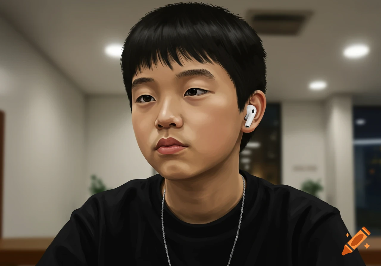Digital painting of a young Asian boy in a black shirt, silver chain, and a white AirPod in his right ear.