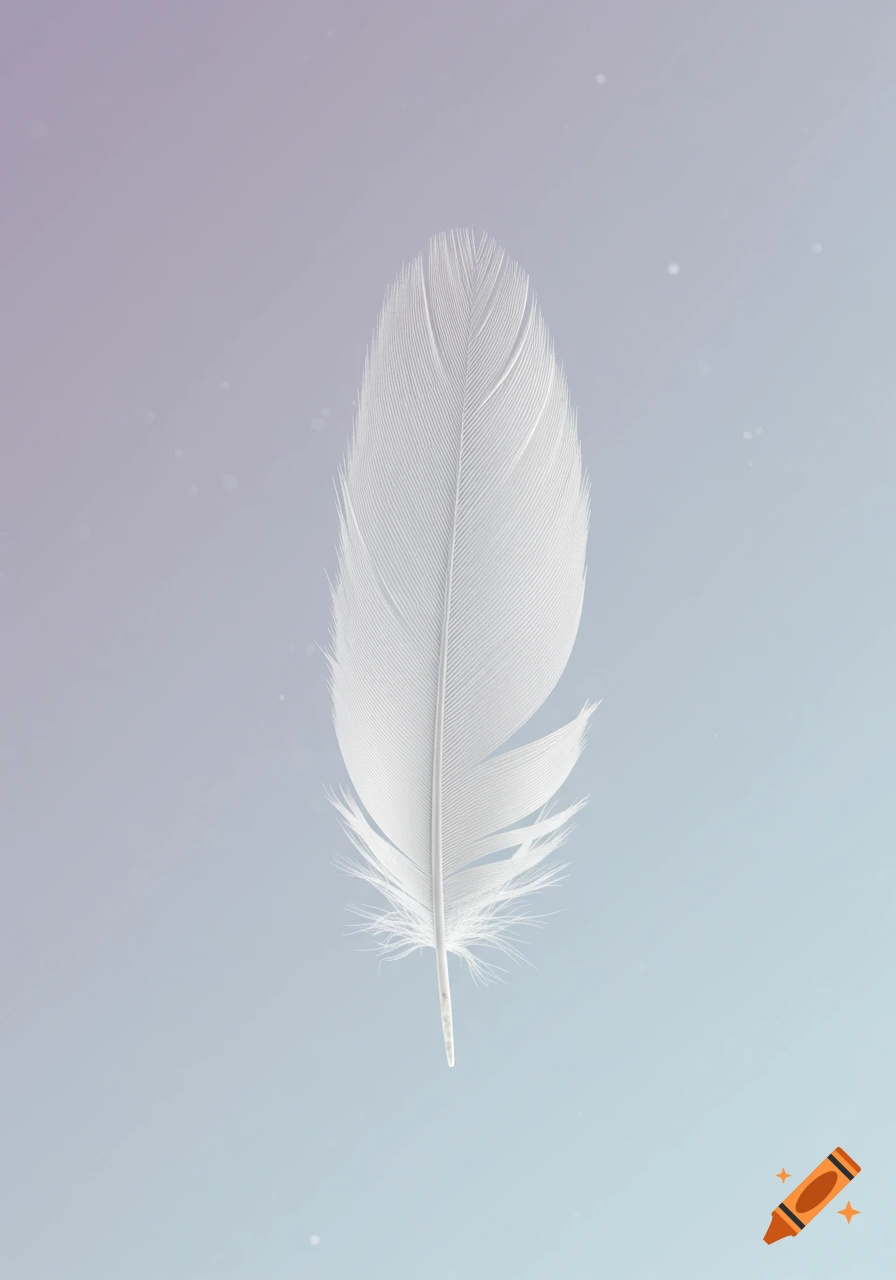 A white feather floats vertically against a soft gradient background of light purple and blue.