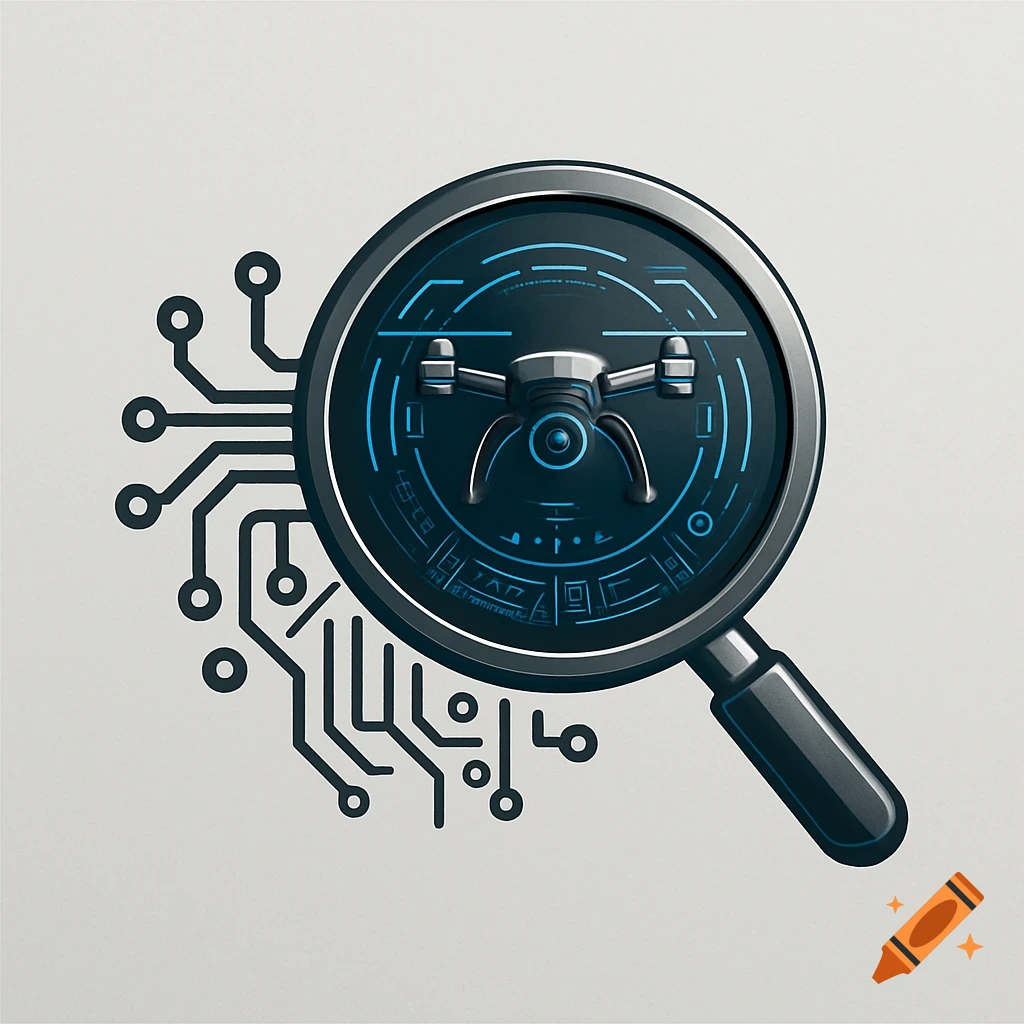 A magnifying glass inspecting a stylized drone with blue digital patterns, surrounded by a circuit board design, on a light grey background.