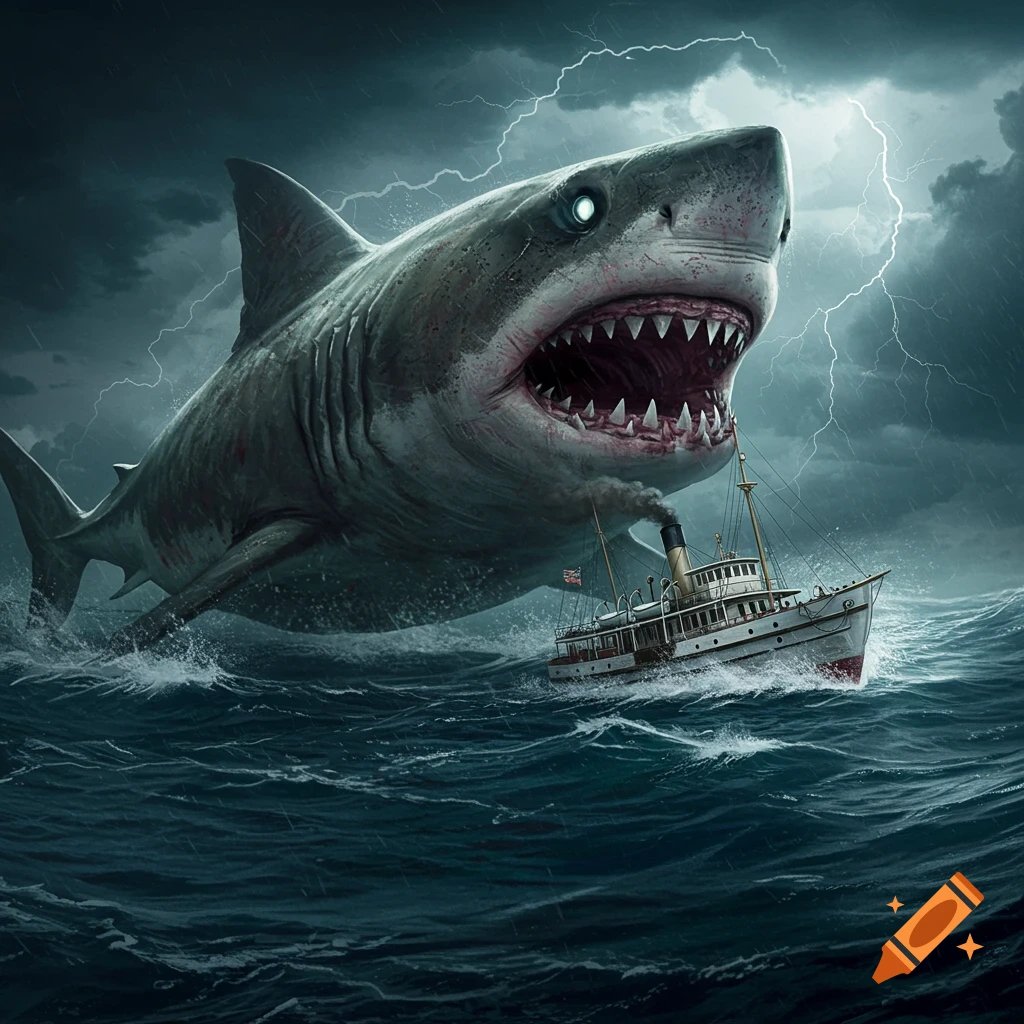 A giant, scarred shark with glowing eyes attacks a small steamship in a stormy dark ocean with lightning.