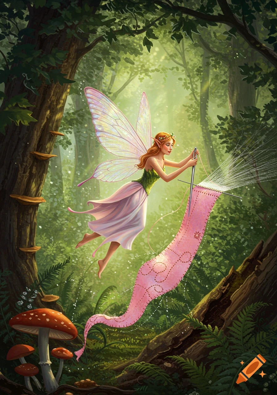 A magical fairy with iridescent wings floats in a sun-dappled forest, knitting a long pink fabric with a needle.