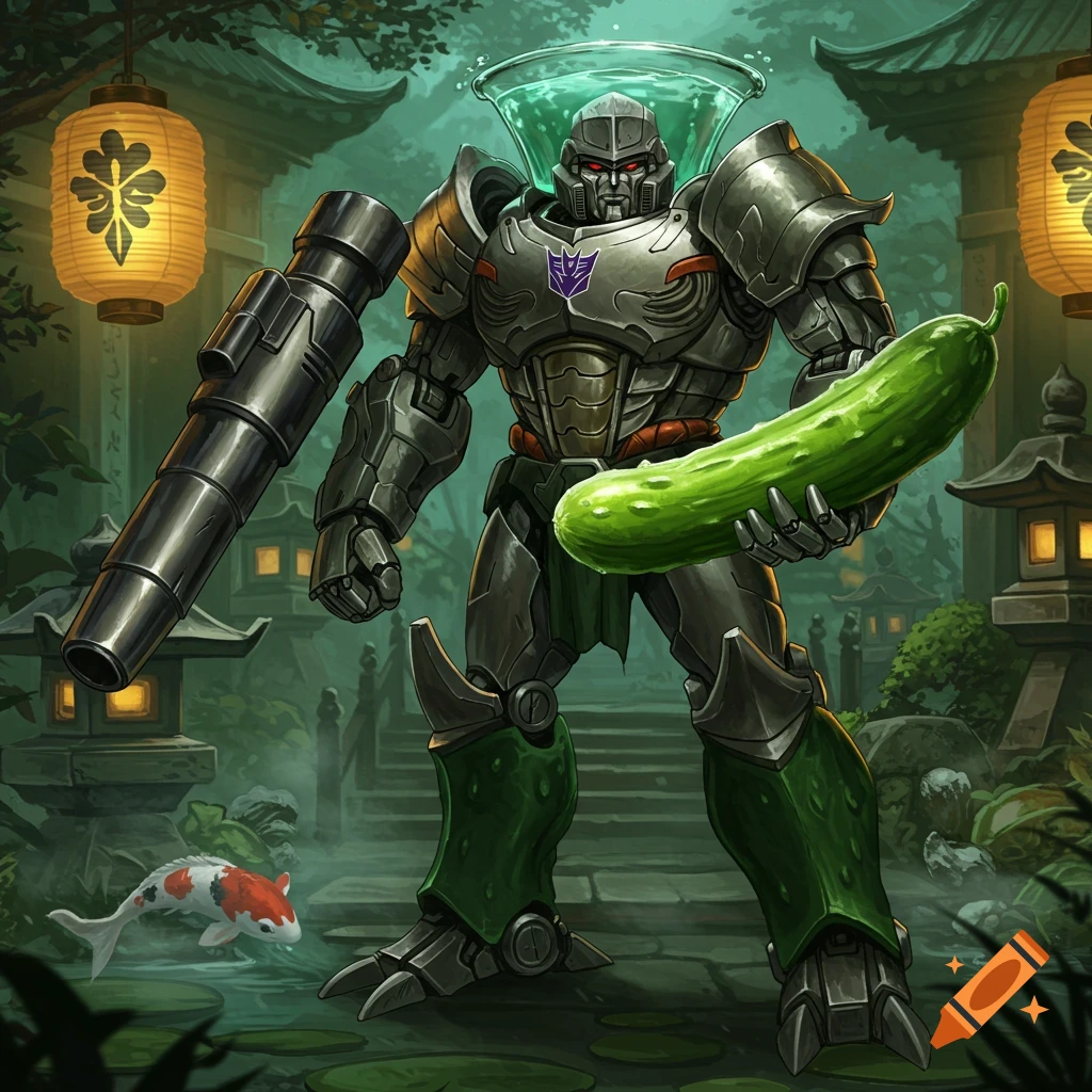 Megatron as a Kappa, holding a large cucumber as a weapon in a serene Japanese garden with lanterns and koi fish.