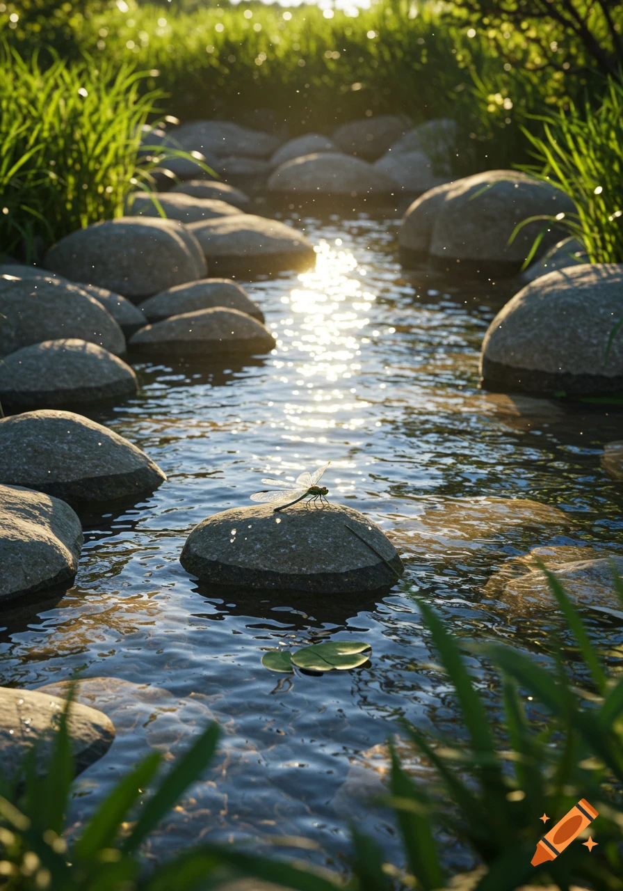Sunlight sparkles on a shallow stream with stepping stones and a dragonfly resting on a rock, surrounded by green grass. Photorealistic style.