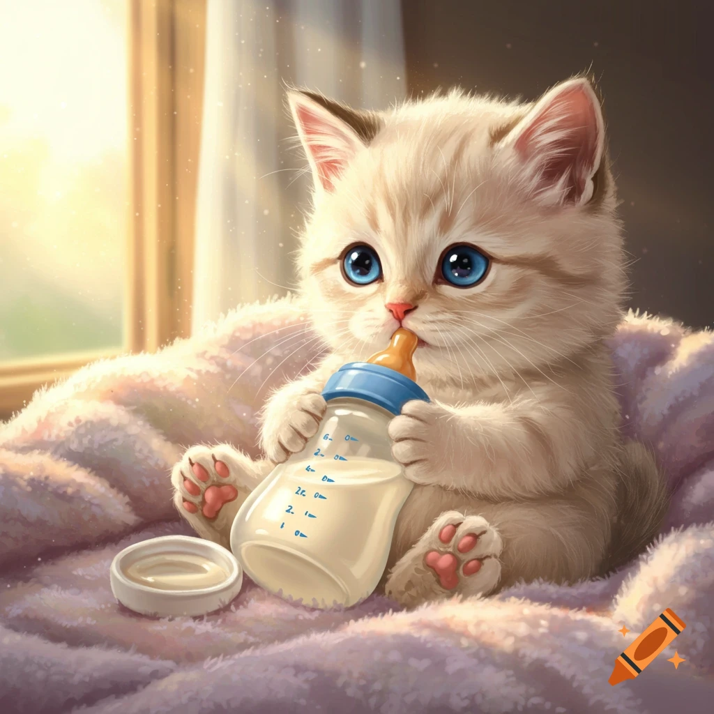 A fluffy, light-colored kitten with big blue eyes drinks milk from a baby bottle, sitting on a pink blanket by a window.