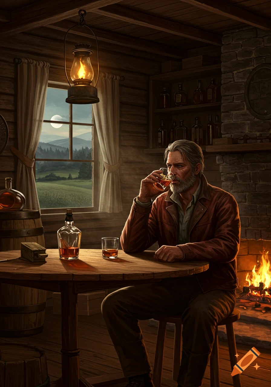A grizzled man sips whiskey in a rustic cabin, illuminated by a lantern and fireplace, with a moonlit landscape outside the window.