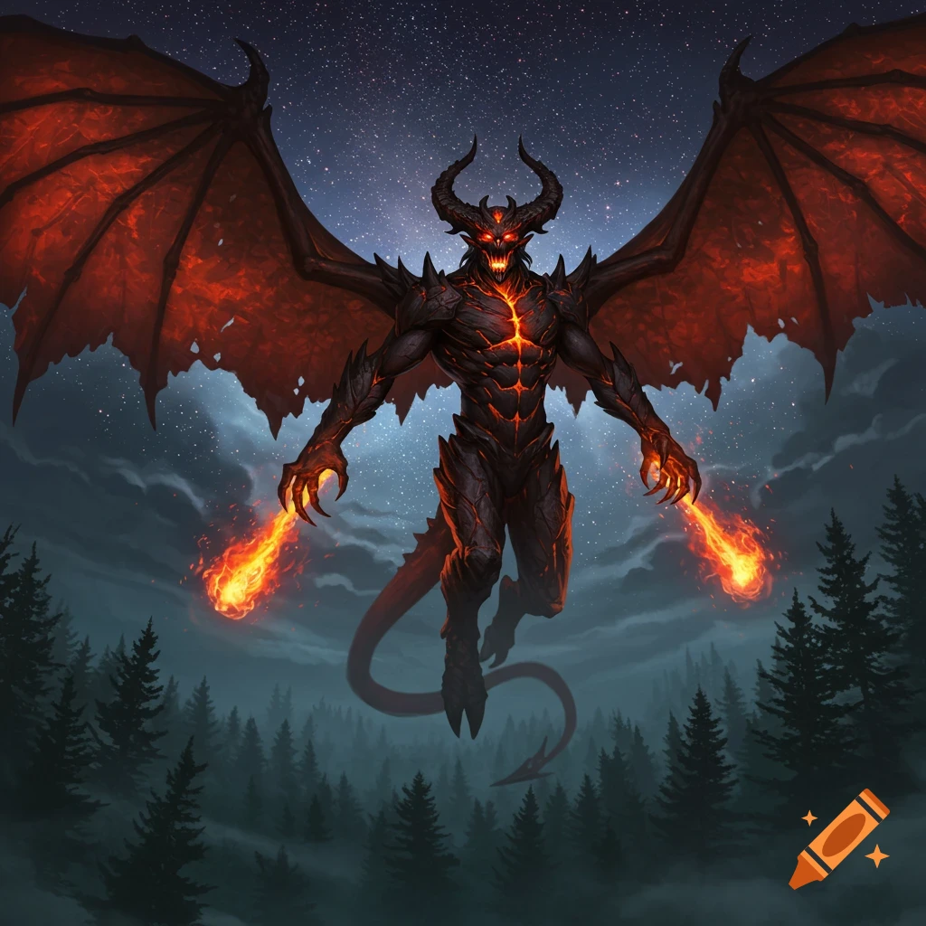 A winged, horned demon with glowing red eyes and fiery hands hovers over a dark forest under a starry night.