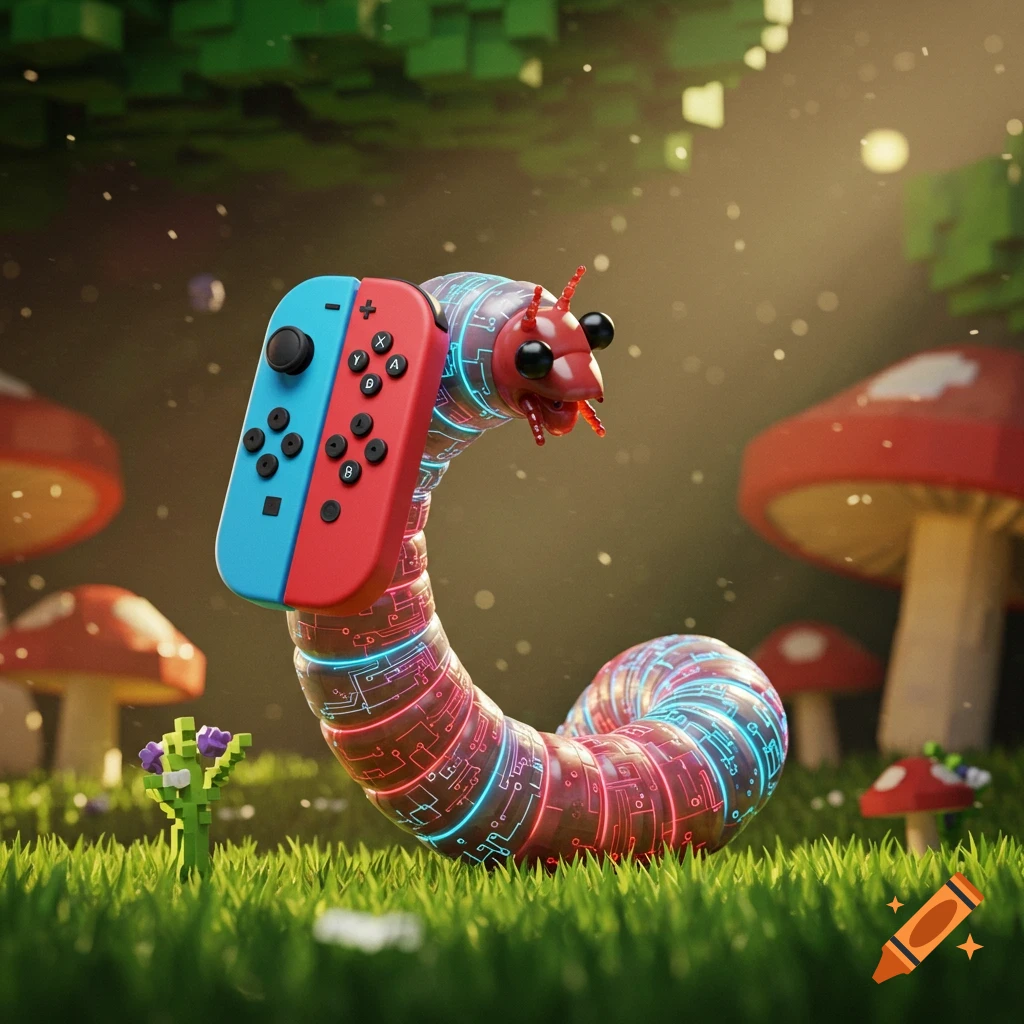 A whimsical 3D render of a glowing worm holding a Nintendo Switch controller in a magical forest.