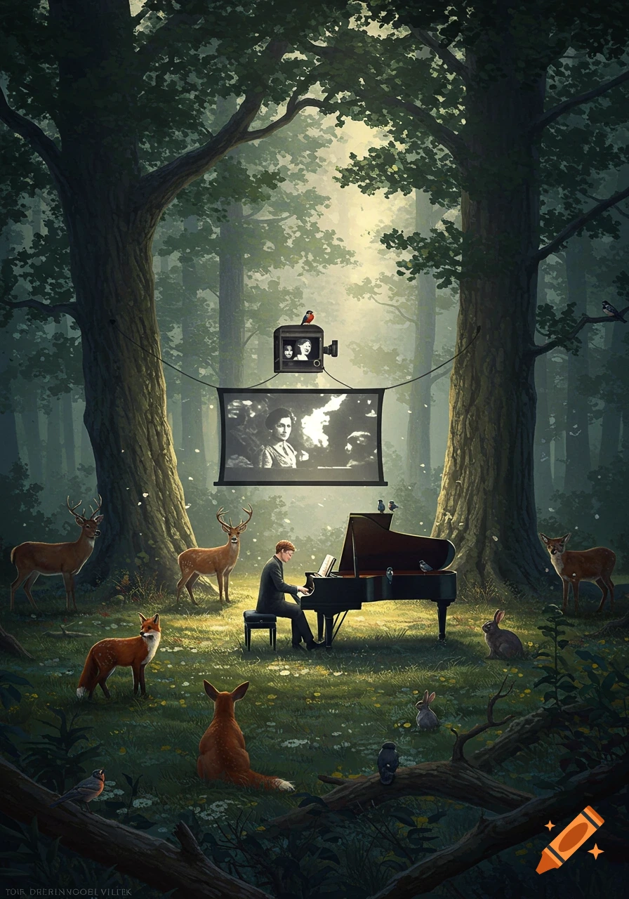 A man in a suit plays a grand piano in a magical forest clearing with deer, foxes, and rabbits gathered around. A silent film plays on a screen suspended between two large trees, illuminated by a spotlight.