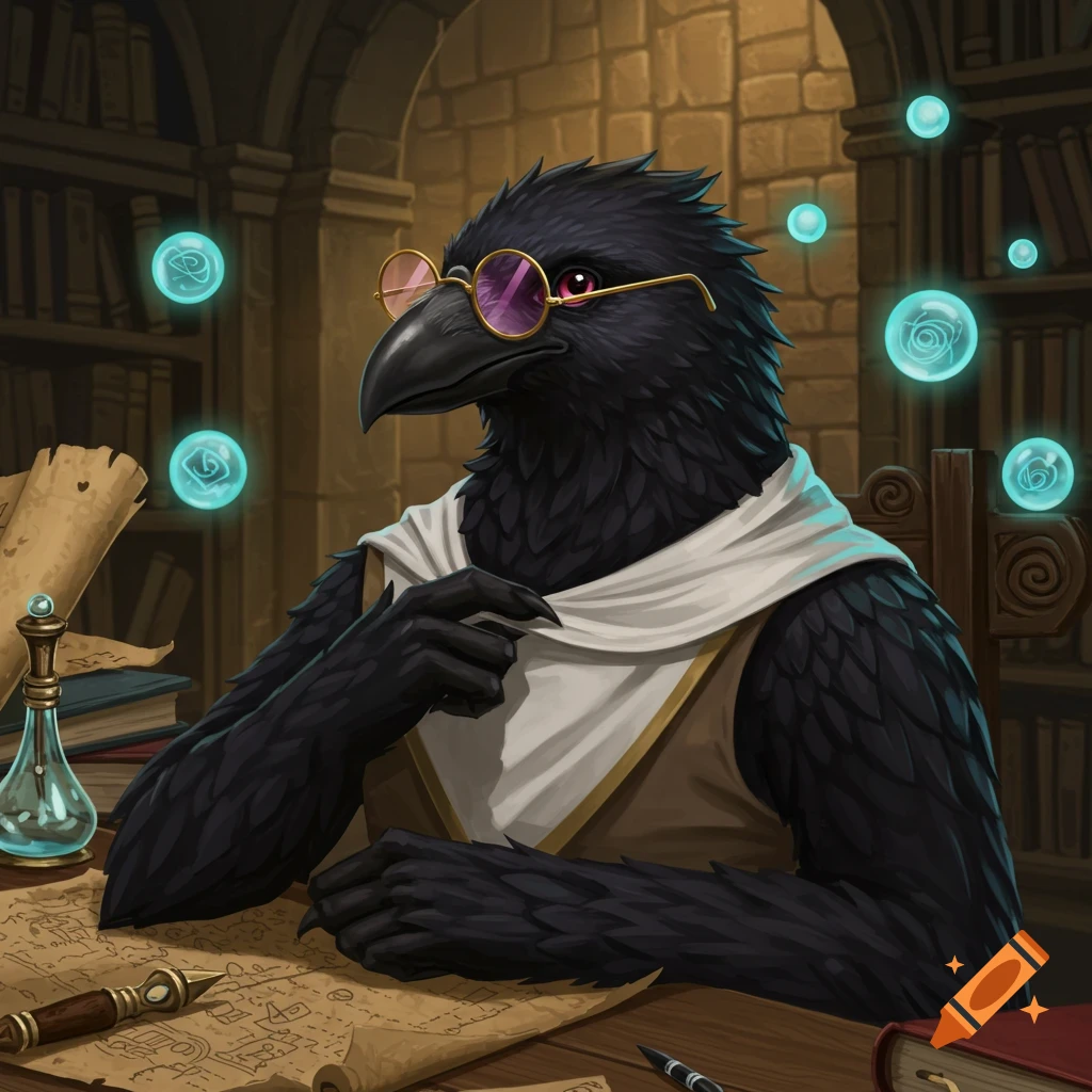 A fantasy illustration of a Kenku in a library, wearing pink and yellow round glasses, a white scarf, and surrounded by glowing blue orbs.