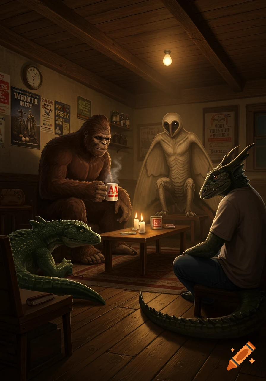 Bigfoot, Mothman, a crocodile, and a dragon-like creature in a dimly lit, rustic room during a meeting.