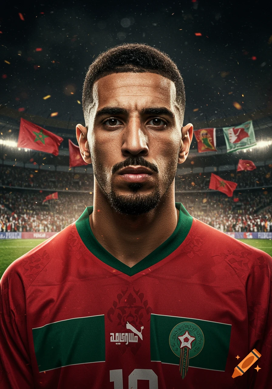 Photorealistic portrait of a serious Moroccan soccer player in a red and green jersey inside a stadium.