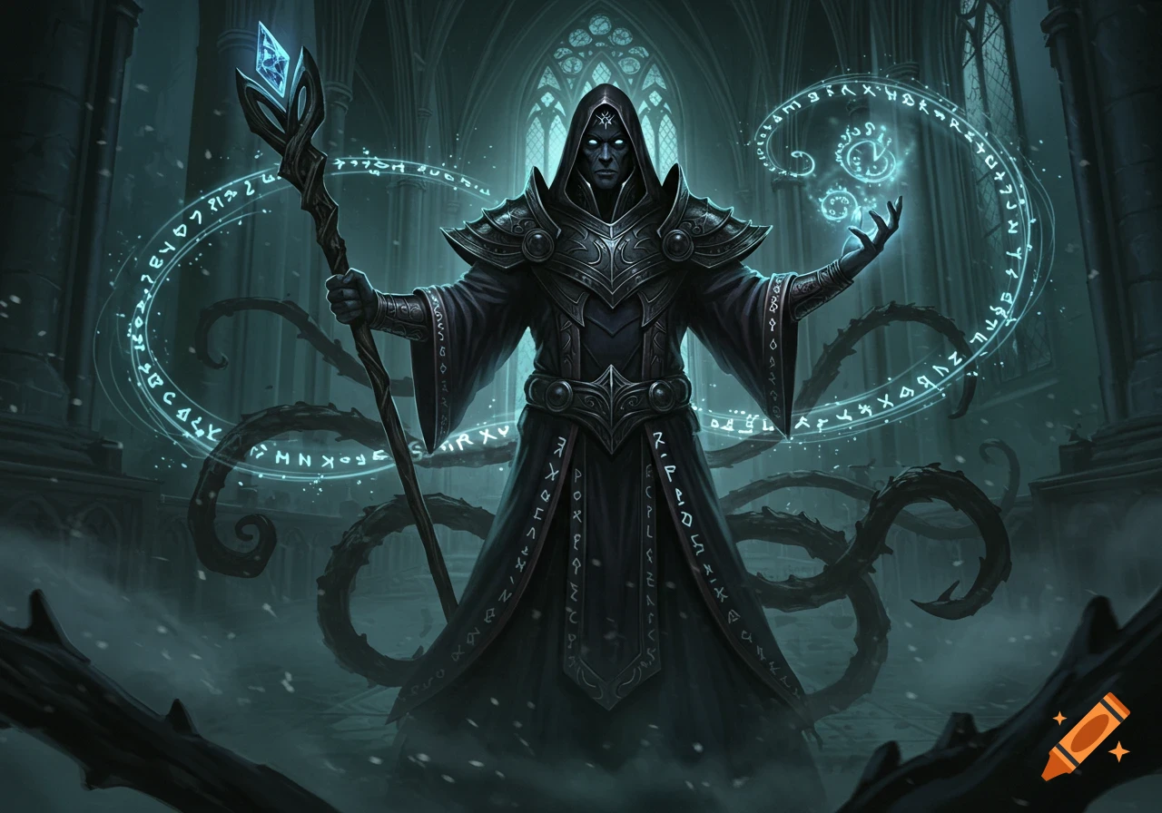 A dark wizard in a hooded robe and armor stands in a gothic cathedral, casting a spell with glowing blue runes and tentacles.