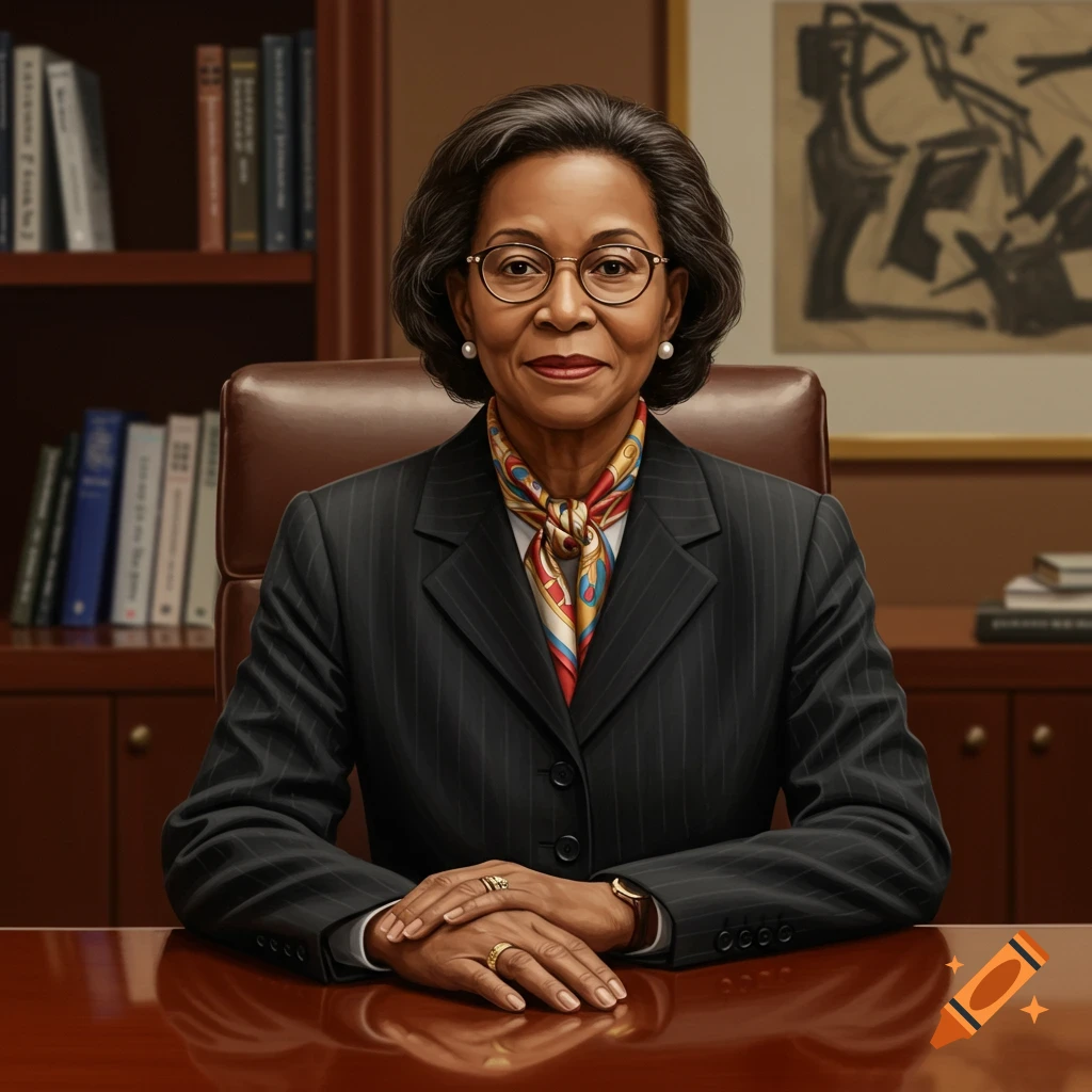 A professional woman in a pinstripe suit and scarf sits at a wooden desk with books and art in the background, smiling.