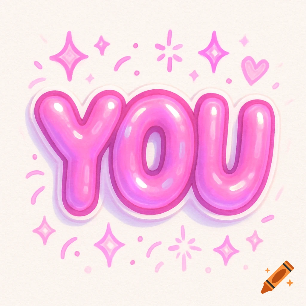 The word YOU in shiny pink bubble letters with sparkling light pink accents and small hearts on a light background.