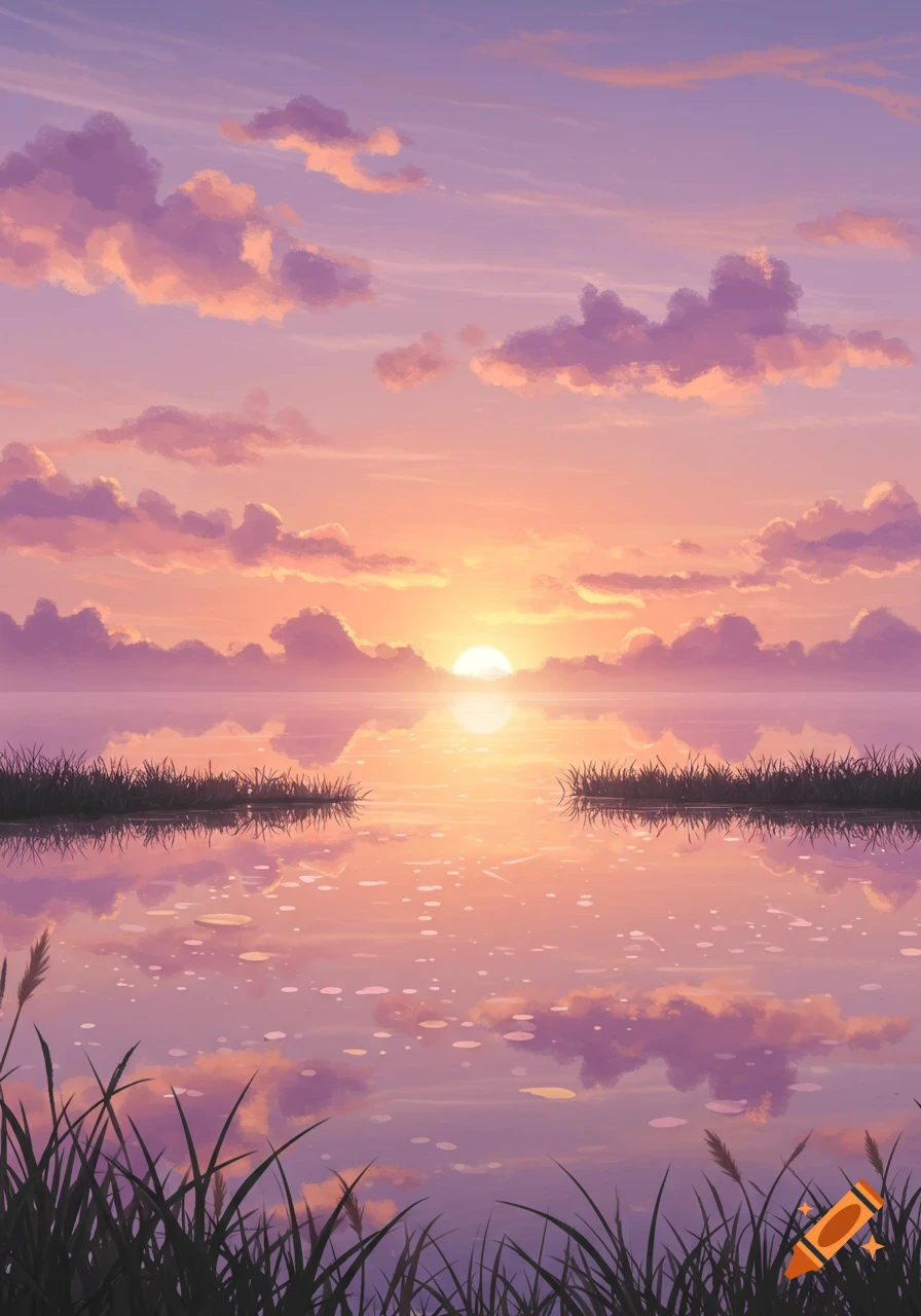 A serene digital painting of a vibrant pink and purple sunrise over a calm body of water with grassy patches in the foreground.