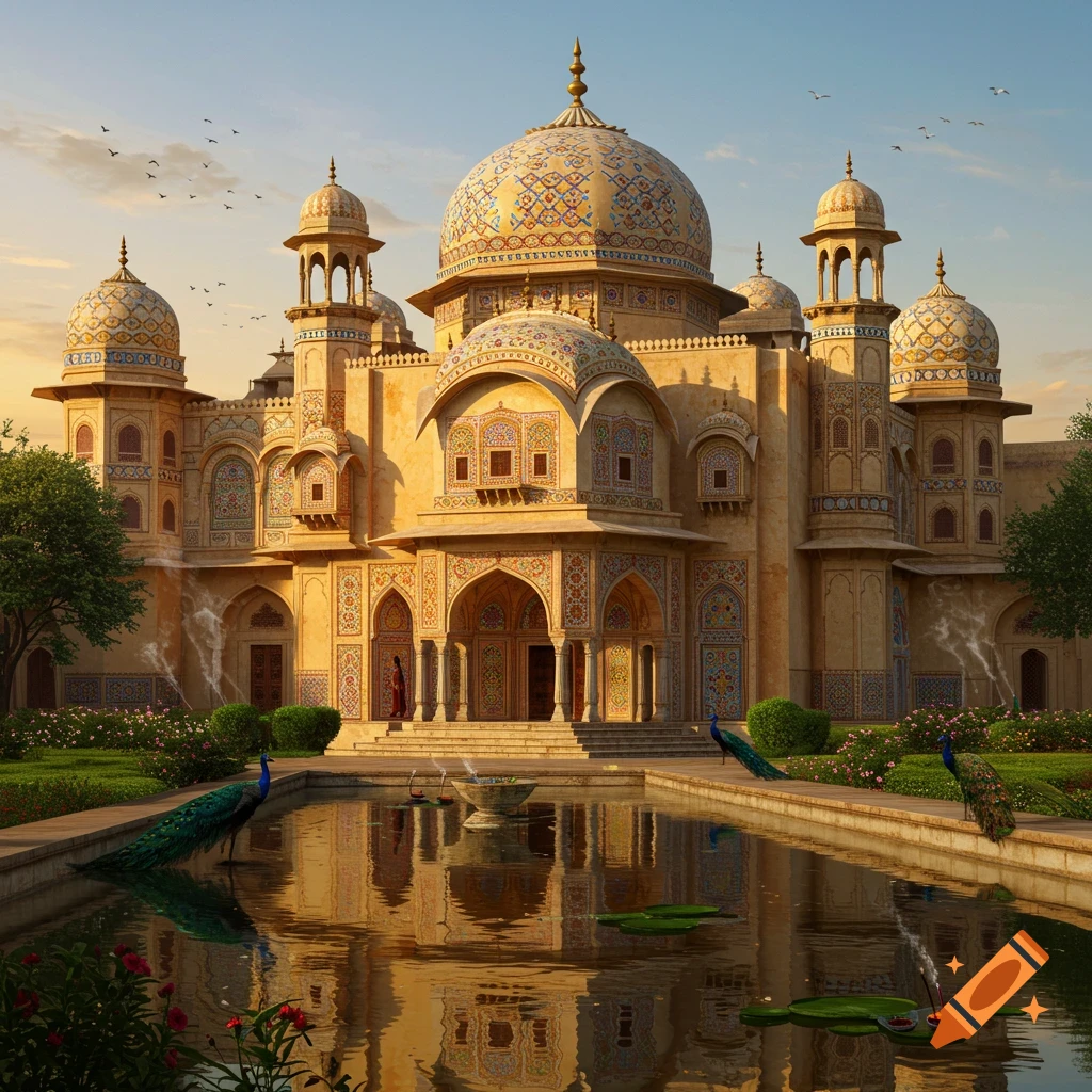 A majestic Indian palace with domes and ornate details, surrounded by lush gardens, a reflective pond, and peacocks, under a clear sky.