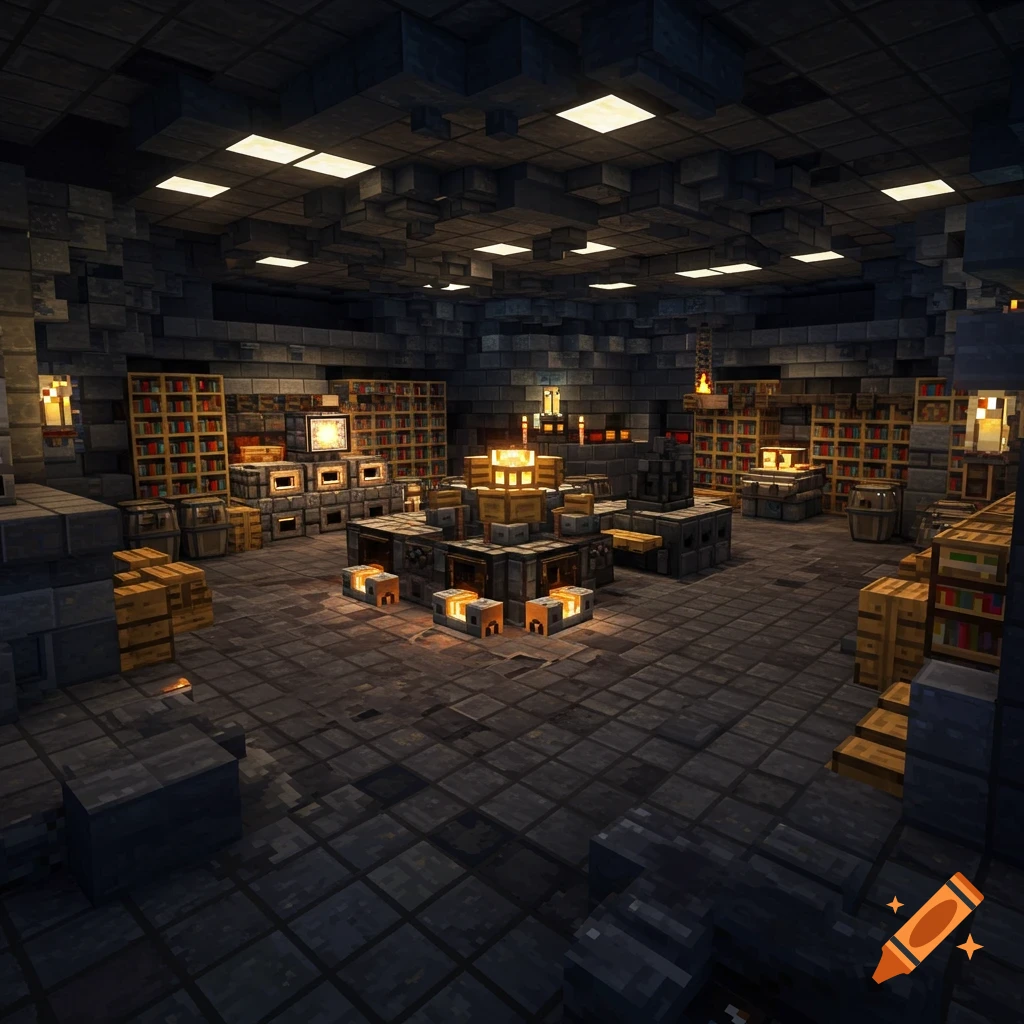 A dark, atmospheric Minecraft-style underground base with a glowing central smelting area, bookshelves, and storage.