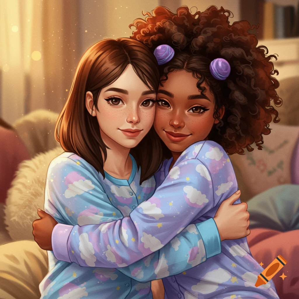 Two animated girls in patterned pajamas hugging warmly, one with straight brown hair, the other with curly dark hair in space buns.
