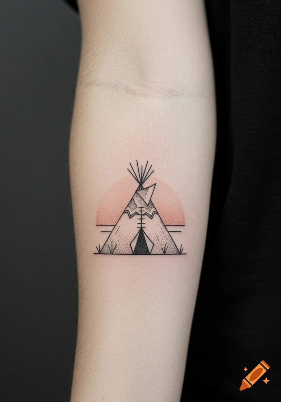 A minimalist black line art tattoo of a teepee with a soft orange circular background, on a person's forearm.